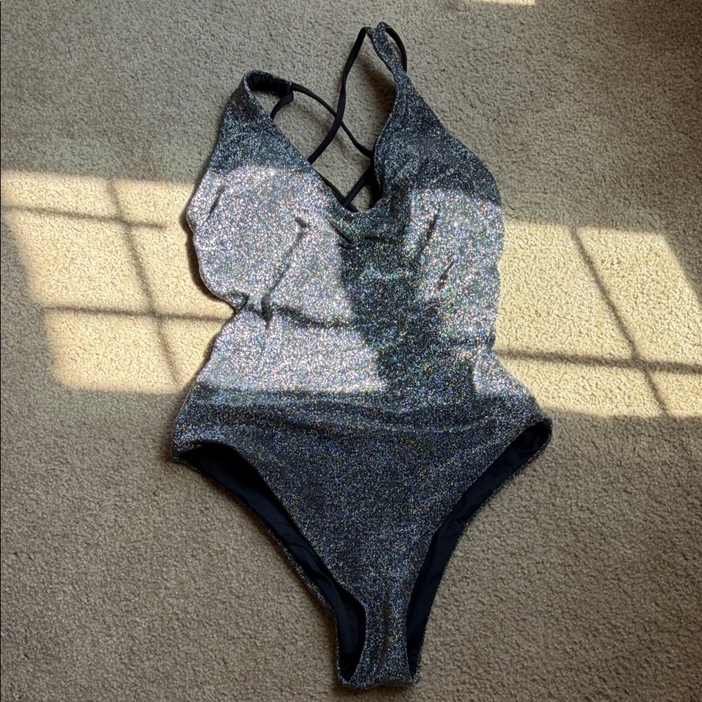 Beelook Glitter Cross-Back One-Piece Swimsuit - Black